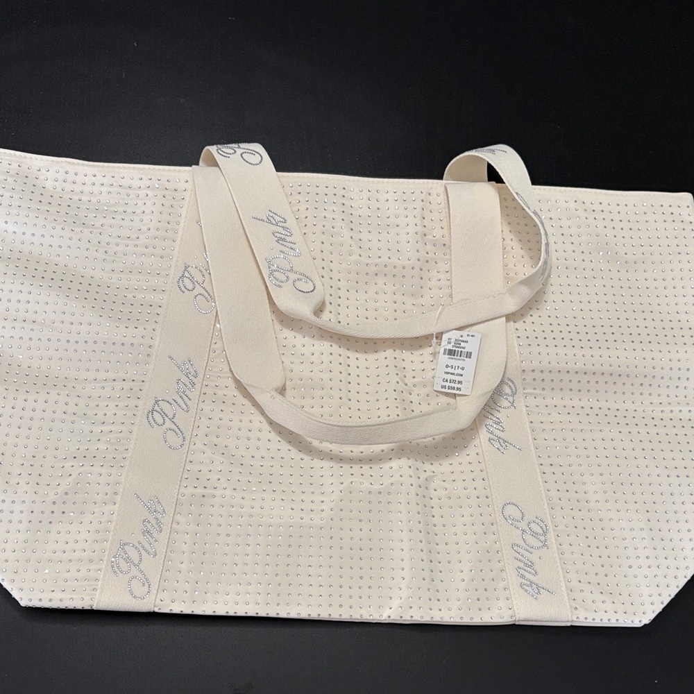 PINK Victoria's Secret Cream Rhinestone Logo Tote